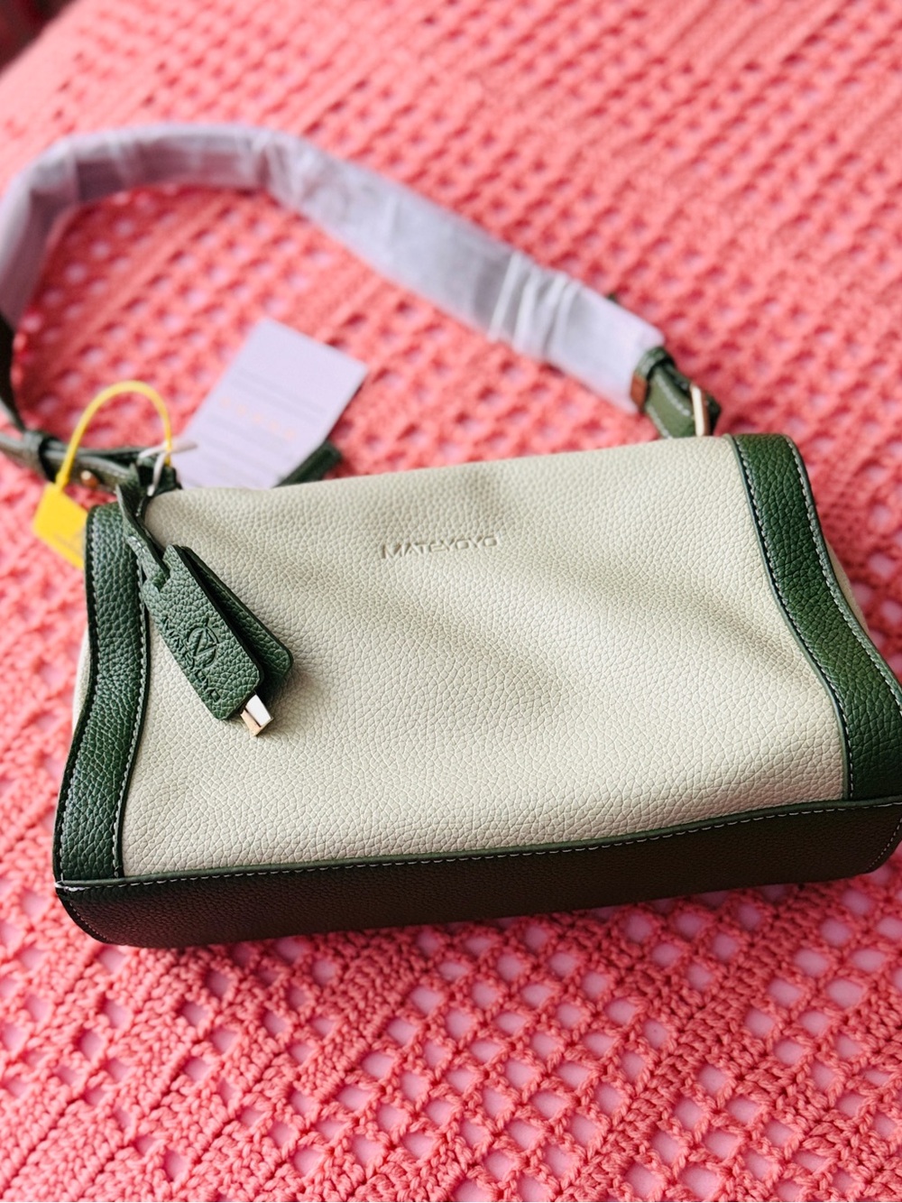Cream and Green Pebbled Leather Crossbody